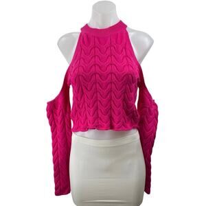 Majorelle Jessica Pink Cold Shoulder Long Sleeve Cable Knit Crop Sweater Top M